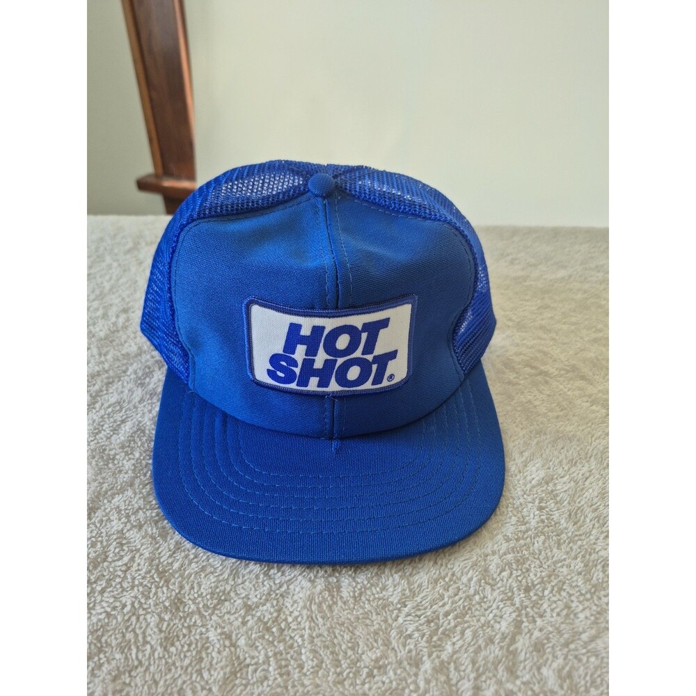 Vintage HOT SHOT Blue Mesh Trucker Hat Snapback Size L Patch Cap Tiny Bill Tear